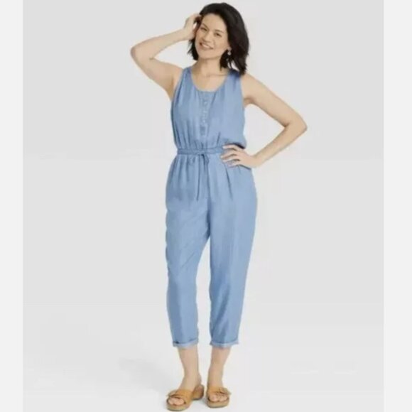Knox Rose Denim Jumpsuit Front Button‎ Sleeveless Waist Tie L - Picture 1 of 8